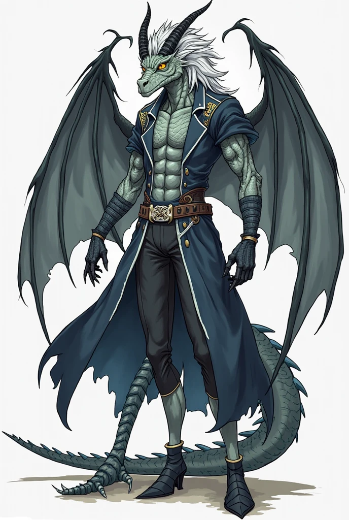 A male draconian of medium height and balanced body (not too muscular, nem magro), with scaly gray skin, deep yellow reptilian eyes and disheveled white hair up to his shoulders. It has two horns curved backwards, large wings similar to those of a dragon (with dark membranes and natural texture), and a long tail with a pointed bone blade. He wears the same outfit Rimuru Tempest's iconic from the anime “That Time I Got Reincarnated as a Slime”: a black overcoat with light blue details, light-skinned collar and tight pants in the same style, reinforced leather boots and dark gloves. mais humano que dragao e com a roua do Rimuru Tempest do anime “That Time I Got Reincarnated as a Slime”