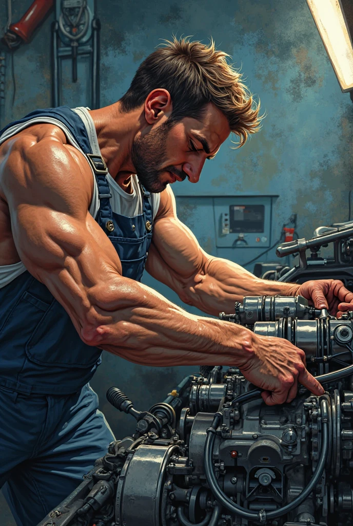 illustration_JC_Leyendecker+ Norman_Rockwellthat evoke masculine strength and beauty,, men from 25 years old, shirtless, barefoot, strong, slim body,Inside a factory with heavy machinery., One arm lifting a piece of machinery, the other resting on a machine.,  Installing a part., Color Palette: Grays and metallics. Focused and serious.Serious face, strong and athletic.