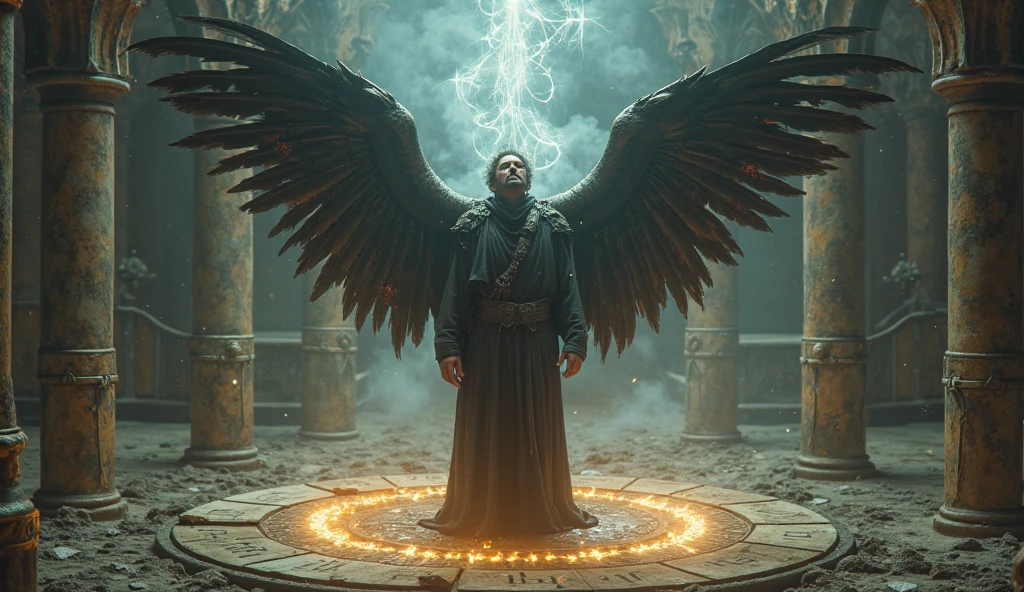 3D illustration of a arafed man in black with wings and a ring in his hands, the angel of death with a halo, the angel of death, angel of death, portrait of the death angel, portrait of the angel of death, dark angel, beautiful male god of death, angel with black wings, angel, black wings instead of arms, human need death angel, satanic wings, hyper detailed 