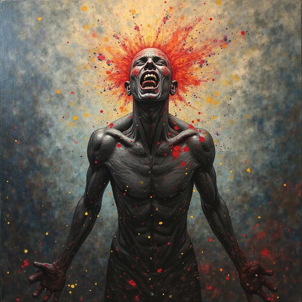 Horror-themed abstract expressionist painting Emotional and physical pain, anguish, dark, rays of light, . energetic brushwork, bold colors, abstract forms, expressive, emotional . Eerie, unsettling, dark, spooky, suspenseful, grim, highly detailed