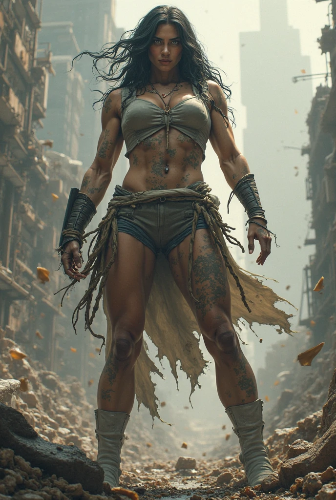 A very tall woman is beating people and she is getting taller and taller, she is now very strong, she is making fun of people, throwing people around and destroying the city.