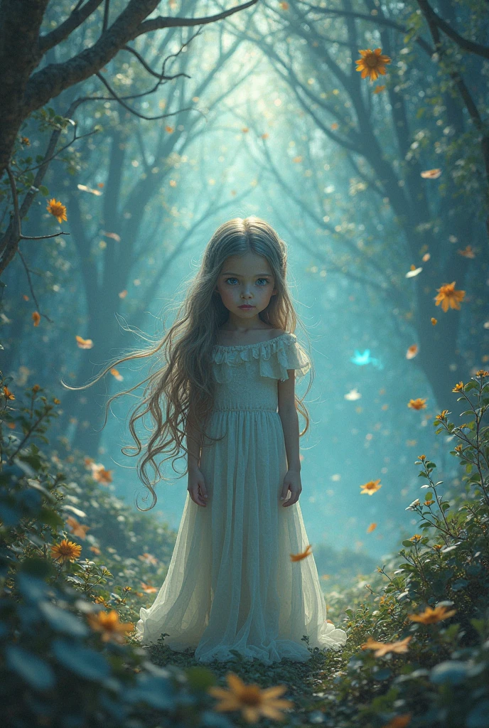 Girl with green eyes and black hair and has bangs, He plays with a butterfly to catch it in a forest with leafless trees while he goes deeper into the forest