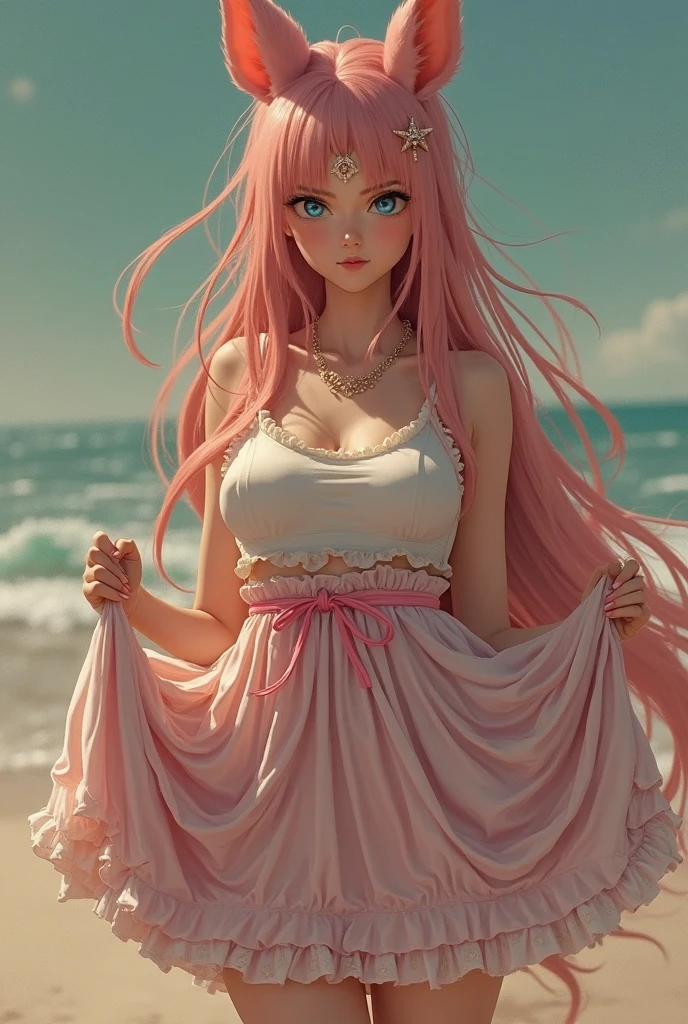 Bambietta bleach, foto de corpo inteiro , pernas grossas e bonita do mais alto grau baseada na personagem bambietta extremely high quality, A mais alta qualidade de imagem, Top resolution, Fotos RAW, Foto Realista, ultra detalhado e bonito, Detalhes mais altos, Pele clara bonita, (seios grandes, seios aparente, micro bikini, medium hips, Athletic body, olhos pretos brilhantes, cabelos longos, cabelo rosa, arte digital, 4k, detalhes perfeitos, hipnotizantes, feito profissionalmente, beautiful vector illustration, 12k resolution, ..3d, ((altamente detalhado)),((Ultra alta qualidade)), na praia, bem detalhado