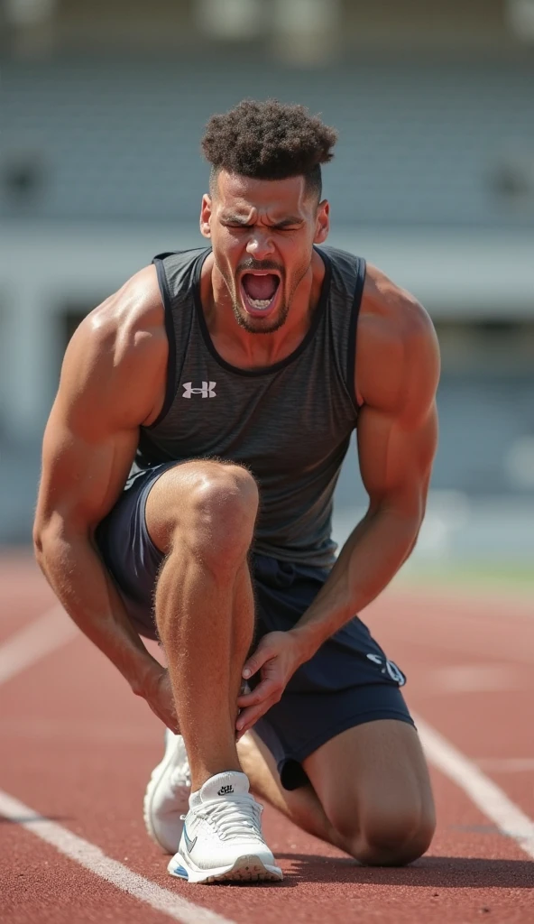 Shirtless attractive athletic 40 year old man lying on his back on ground wearing shorts exhausted after outdoor running race. Sweaty. Medics next to him
