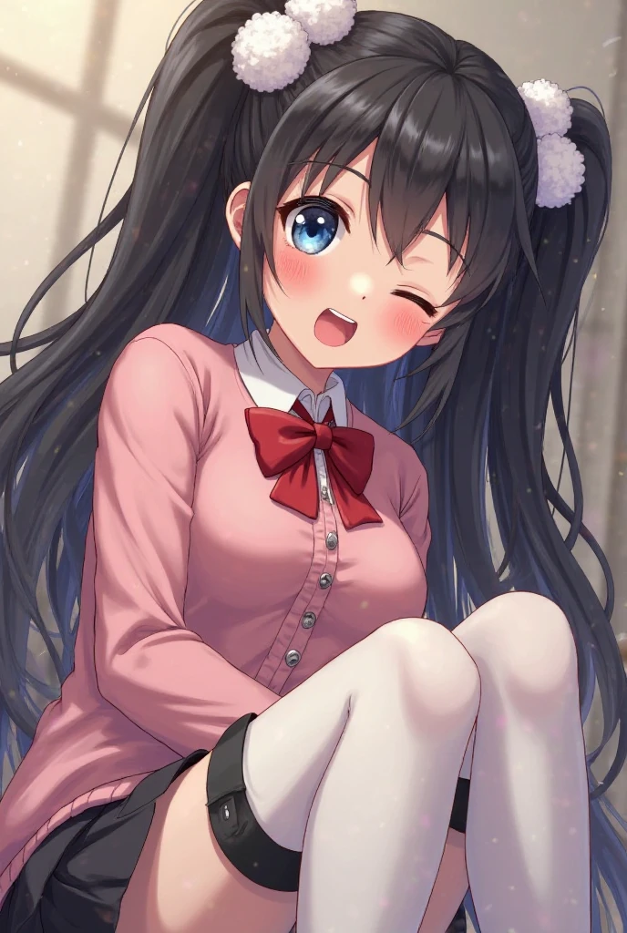 alone, One girl, (bridal carried:1.5)、Crown braids in the same color as your hair, hair ornaments, Hair Ribbon, Pink tie, Black long sleeve, Pink Skirt, Knee socks, Cleavage, bed、Black Hair、(Happy Face:1.5)、(blush:1.2)