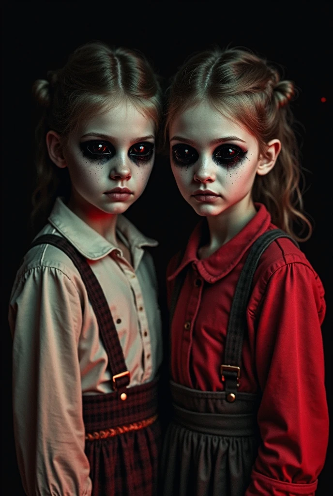 GIRLS CHILDREN, BACKGROUND WITH CROSSES, BLONDES WITH VERY LONG STRAIGHT HAIR GOTHS, WITH FIRE CANDLES. RED BACKGROUND.