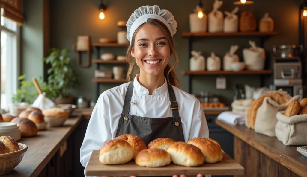 Using the six most commonly used texture maps ,create a photograph of a beautiful woman, making bread,create an atmosphere of mystery, add an expression on her face to match the theme, diffuse all the colours