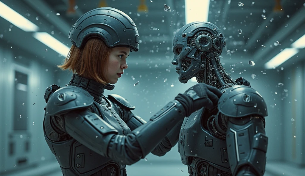 bbuk_style <lora:PureDarkness_RetroSciFi-000060:0.7> a girl with biomechanical limbs desperately trying to fix an old automaton in the basement, darkness