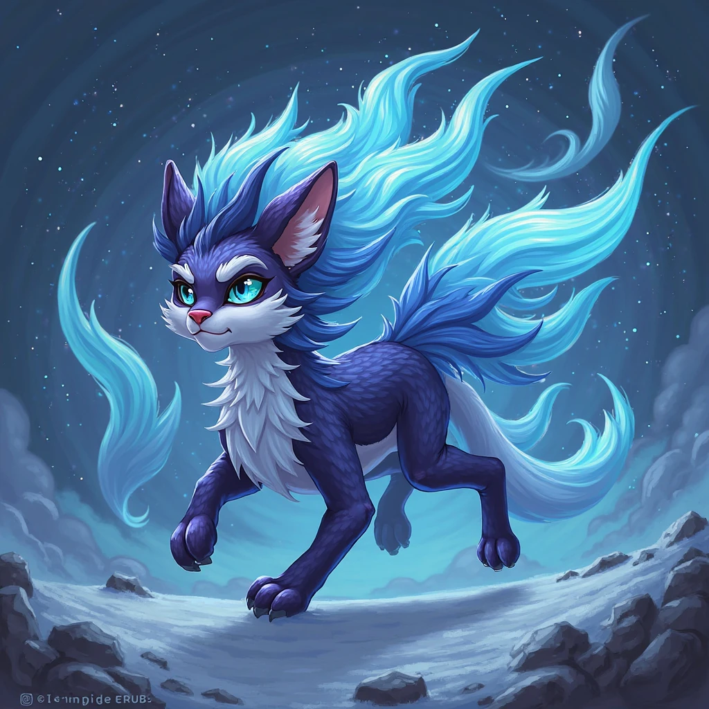 Ultra-detailed, a captivating full-size portrait showcases a charming, light blue, four-legged anime dragon. With its playful demeanor, this dragon boasts a cute and adorable appearance, conveying a childlike innocence. The scales on its body shimmer and glisten under the soft, ethereal dragon light, reflecting the gentle hue of its skin. Its animated, expressive eyes twinkle with mischief and curiosity, while its small ears perk up in alertness. With each graceful step, this anime dragon exhibits a delicate balance between cuteness and power. Kenket, Ross Tran, Ruan Jia, and Foxovh have all
