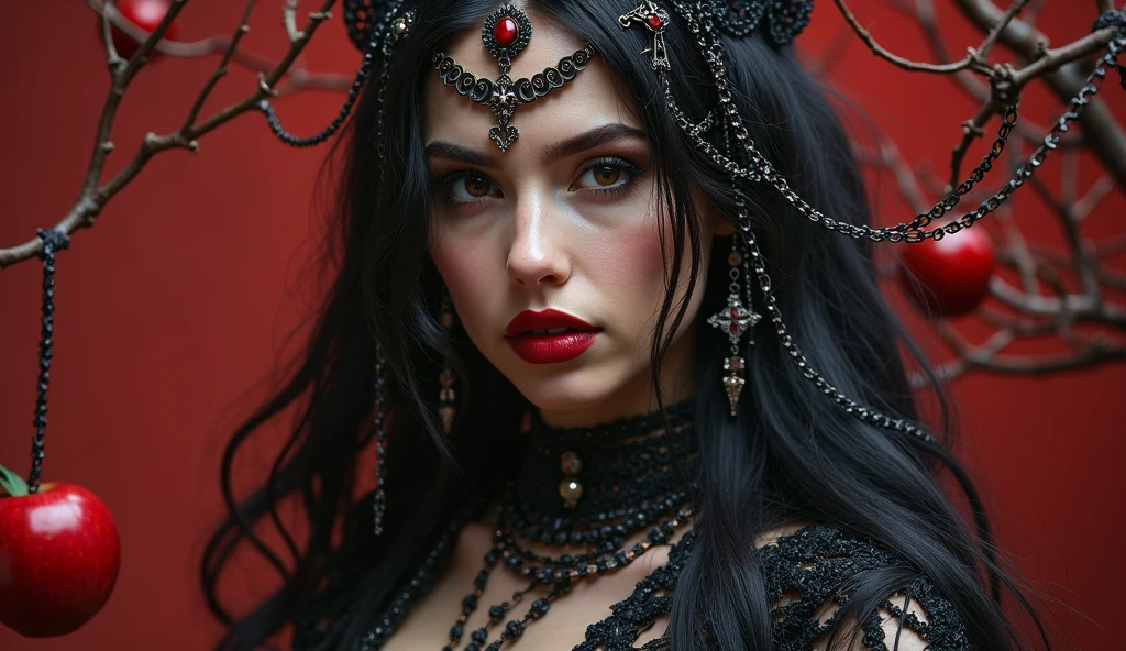 Goth girl 1girl, solo, scary pose, sunglasses, long hair, looking at viewer, red eyes, jewelry, necklace, makeup, lipstick, kokoshnik headwear, black background, portrait, glowing eyes, dramatic, edgy, intense, nightmare, intricate detail, hyper-detailed, cinematic, dark frame, grainy film, soothing tones, muted colors, multicolored, sl4v1ccr0wn3y35,