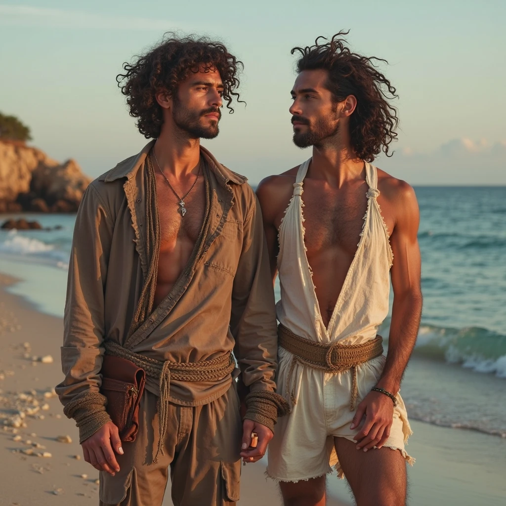 Create a 2 man with a drug addict appearance on the beach having fun with hippies and smoking