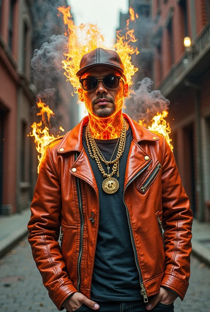 A half body, portrait of 3 German men long blonde hair of 21 years, blue leather jackets, background of chains, chain, more chains, many chains, , red, red fire, many background flames.