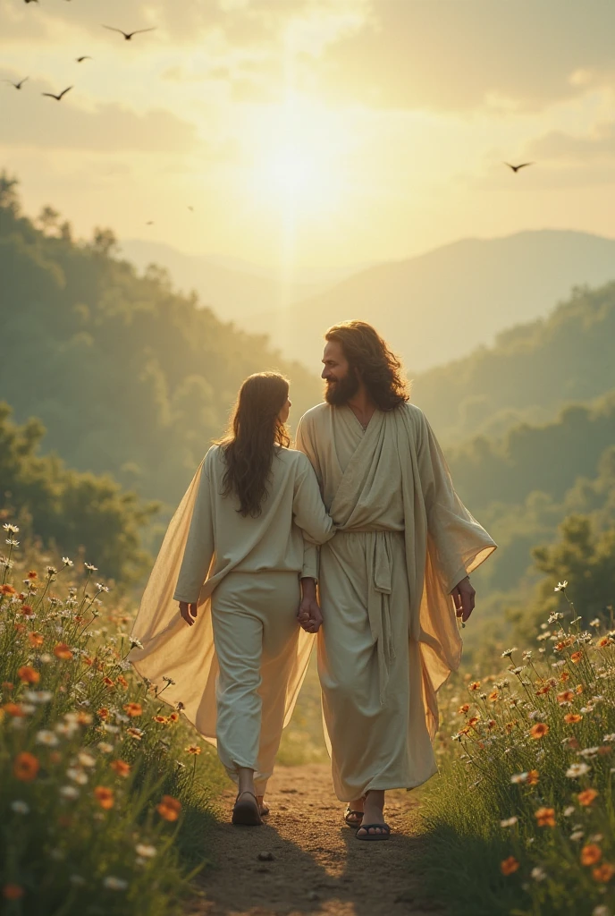 An image with Jesus, both of us back to back and in white in a field, I'm a brunette with straight hair and curls at the ends., my hair is very black, I want you to show our faces, I want the two of them back to back in a field and holding hands