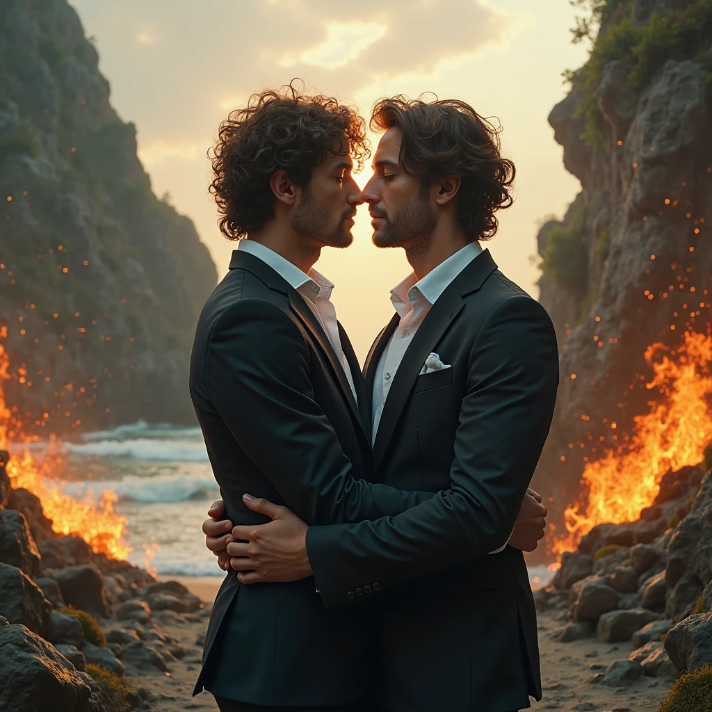 are two strong gay men dancing floating, in a black tulle skirt on the beach by the light of a bonfire, on the left side of the photo, by the sea. one of them is redheaded the other is white with a shaved head, both with beard. gays, a black cat watches the two, the feet do not touch the ground. agitated coean, scary and mystical atmosphere, magical. bottle and 2 empty wine glasses thrown in front of the image