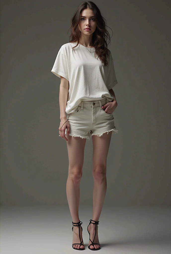 1 white anorexic girl wearing a crop top & a mini skirt full body.