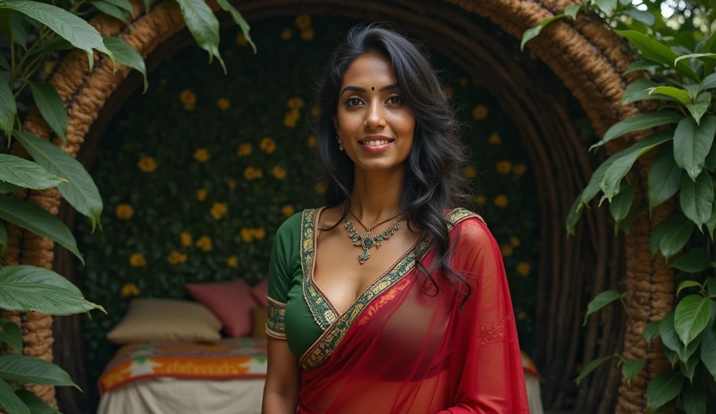 In a lush, botanical paradise, an Indian woman enjoys forest beauty, big breasts and cleavage, her heart resonating with the forest's vitality, exotic birds chirping in the background, the fragrant aroma of herbs infusing the air, a serene, dreamlike ambiance enveloping the scene, (masterpiece, best quality), detailed sleeveless blouse, sexy saree, wavy hair, perfect face, beautiful face, alluring, big gorgeous eyes, open mouth, happy, perfect slim fit body, (outdoor), realistic, 8k, India, bright colors --v 5