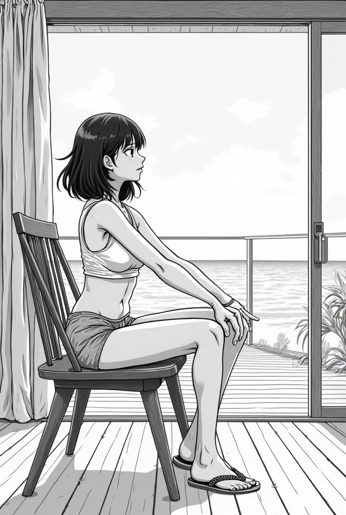 a drawing of a woman sitting on a bed with her legs crossed, inspired by Apollonia Saintclair, sitting in her room, art in the style of terry moore, extremely fine ink lineart, perfect lineart, beautiful inking lines, seductively looking in front, comic drawing style, sitting on the bed, sitting on a bed, bold lineart