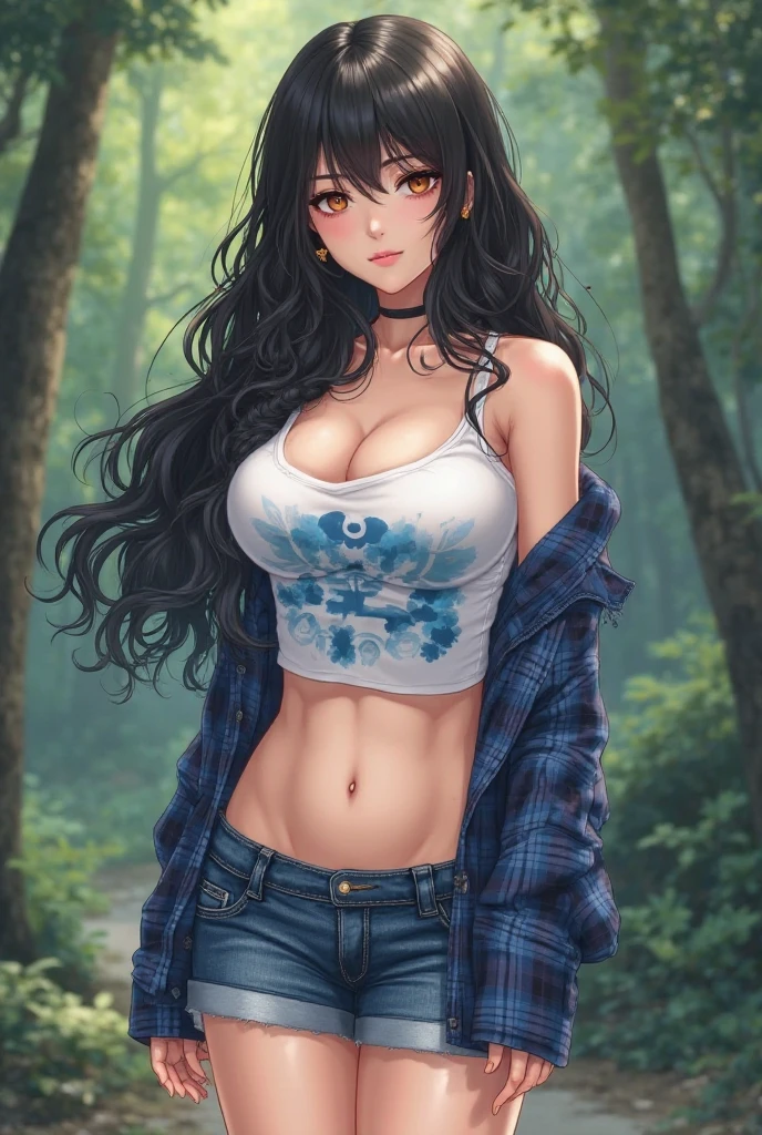 long brown hair，masterpiece:1.3，best quality, jeans，in the woods，Sexy wrap bra，Big breasts，Shy， bare shoulders, bright colors, Lace lingerie 1.9