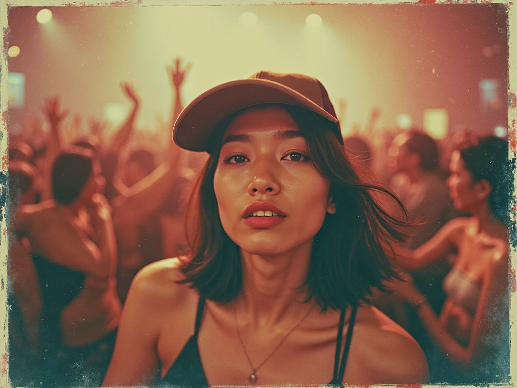 fujifilm-instax-mini-v2beta, polaroid picture of an asian lady wearing a cap, chin length hair. Behind her is a cray moshpit
