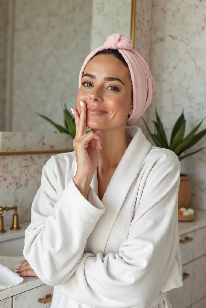 (high quality:1.4), (best quality:1.4), (masterpiece:1.4), official art, official wallpaper, surreal, beautiful, (1woman:1.4), Raw photo, solo female, american, best quality、high resolution, photorealistic, hyper detailed, beautiful woman with (wet hair wrapped in towel:1.3), taken (webcam photo angle:1.1), ((wearing complete top and bottom loungewear with bathrobe:1.3)) comfy clothing, (interior cozy suburban home, (afternoon)), sitting, (comfortable), lovely sweet woman, rosy cheeks, dimples, ultra high res, RAW, relaxed arms, (hands are not in her lap), open, inviting gestures, warm and pleasant, posting from home living room, intimate POV, (she's close to webcamera:0.8))、a beautiful woman (High detailed skin:1.2), detailed eyes, ((video call)),asmr pov, (blushing:1.7,smiling:0.2, ), Leica camera quality, (depth of field: f/1.6) Digital SLR, Soft lighting, High quality, FujifilmXT3, afteroon sun、sun rays, Taken inside her home、Sit down close to her, skin peachfuzz and pore details, radiant、natural Golden blonde hair in ponytail、american south Swedish, eye gazing with her, intimate relaxed style photoshoot