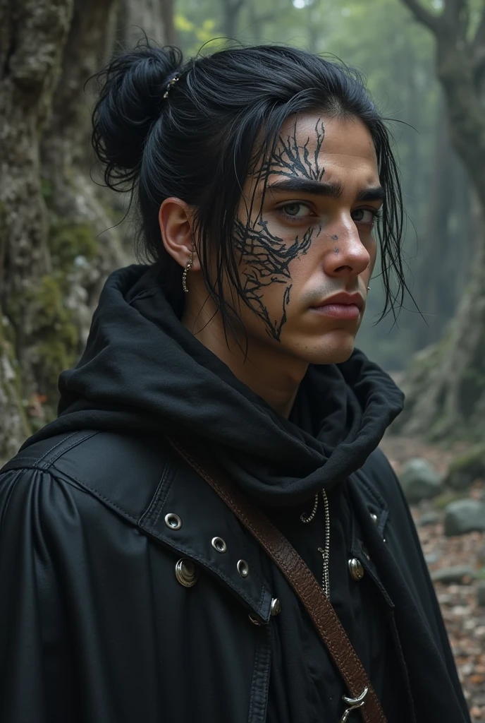 Male, half elf, ear tip cut, monk, short dark hair, tattoos, scars