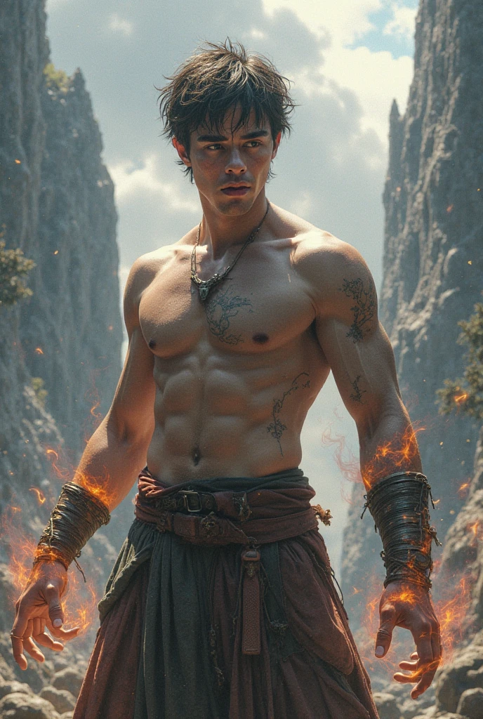 create a man around him a dragon wrapped around his body, and she with a crown of fire, in an environment of destruction