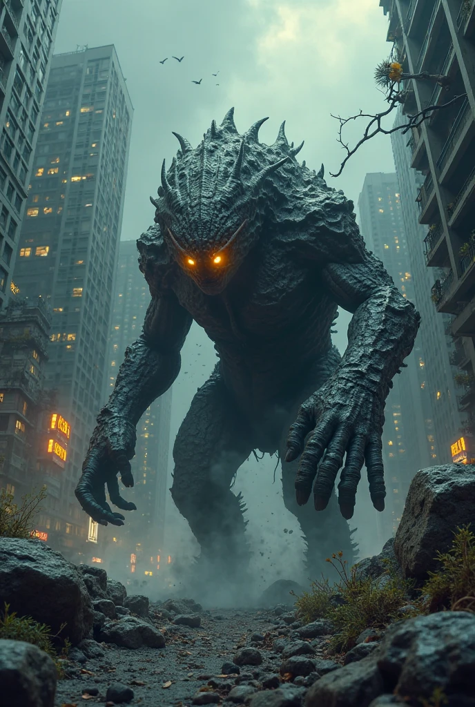 a monstrous skeletal-faced humanoid kaiju, muscular, in a night city, (electric, spikes),(frontal angle),(destroyed city),(clenched fists, dynamic pose, inspired by Hibino: Kaiju No. 8),best quality,8k,highres,masterpiece:1.2,ultra-detailed,realistic,photorealistic:1.37,HDR,UHD,studio lighting,ultra-fine painting,sharp focus,physically-based rendering,extreme detail description,professional,vivid colors,bokeh,sci-fi