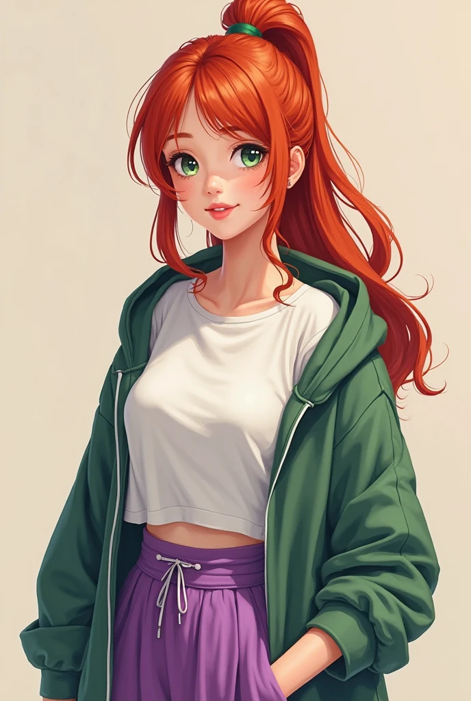 Young teenage girl with red hair, 15yo, wearing a white polo and khaki jumper with pink underwear. 