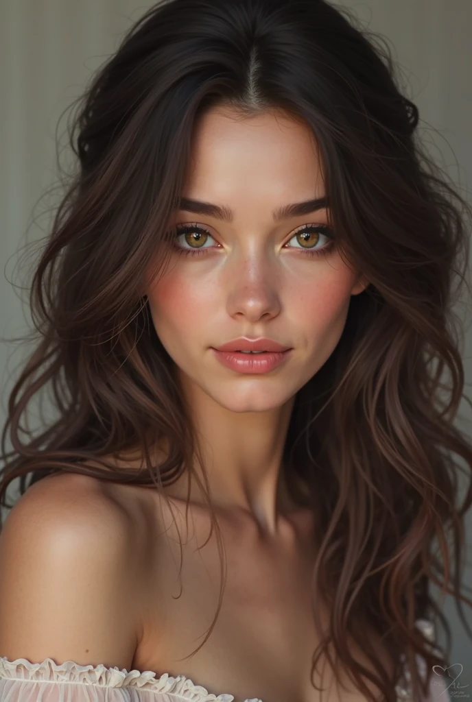 Dessine moi le corps tout en entier d’une jolie femme avec des cheveux bruns ondulés. Elle a de grands yeux verts ou noisette, encadrés de longs cils, et ses sourcils sont bien définis. Elle a une peau claire avec des taches de rousseur visibles sur ses joues et son nez. Ses lèvres sont pleines, et elle a une expression légèrement sérieuse ou pensive. Son teint est uniforme, et son visage semble symétrique et harmonieux.