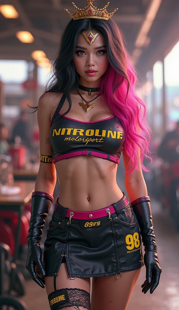 (Maximum quality),8k,(obra de arte:1.3), 1 garota, figura perfeita, Mulher bonita:1.3, (Estilo de cabelo em camadas, grande teta cheia:1.5), ((ver o visualizador)), (Grande sorriso:1.2)，realista,high resolution,Textura de rosto e pele altamente detalhada, realista faces, Foto original, ((Rostos bonitos:1.5))，Perfect body proportions,Clareia a pele, ((cintura estreita:1.3)), (bunda pequena), (corpo muito magro e bem musculoso:1.17), ((rosto ultra detalhado)),Attention to detail,Palpebras duplas,Fortalecimento da sombra,Olho de detalhe,professional lighting,cinematic lighting, ((sharp focus)), ,(((estilo cyberpunk irreal futurista))) ((luz, Roupas de cores vivas)),((Micro camiseta colorida, regata, short skirt)), ((vivaz,Ativo,vivacidade)), ((calcinhas)), ((Expondo coxas)), (dynamic pose:1.34), (((Saia curta que envolve os quadris)))，na rua