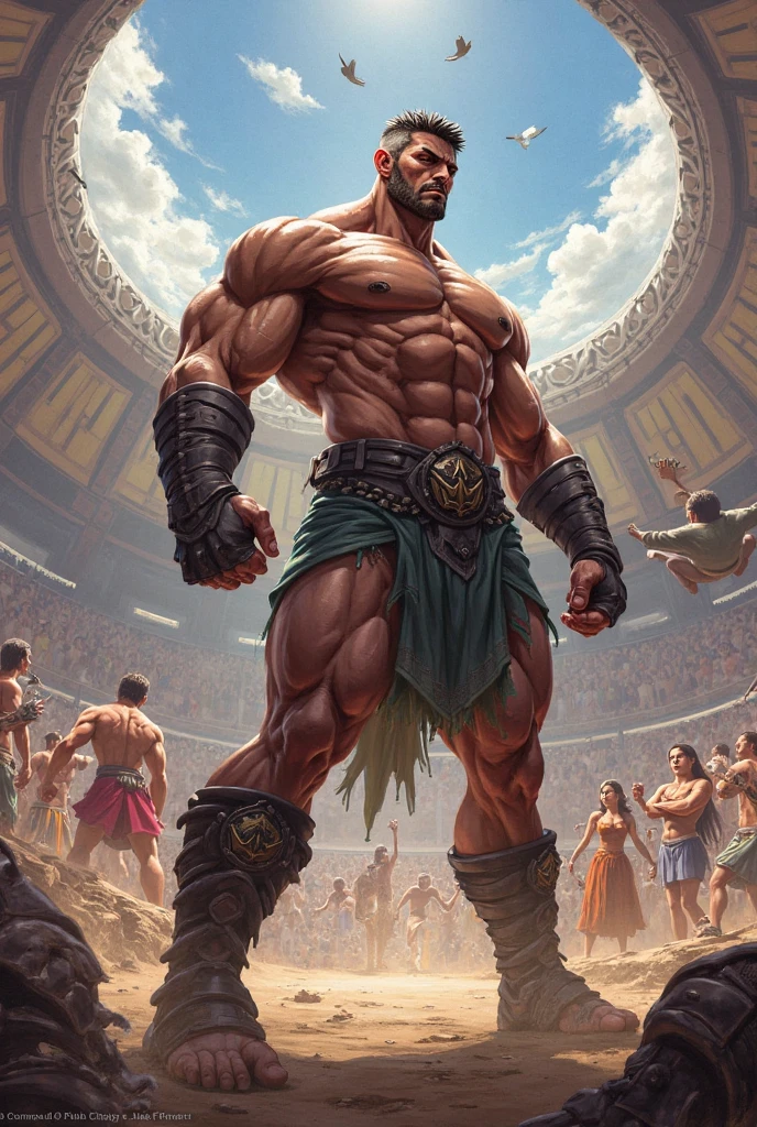 Mighty gladiator, upper torso exposed, legs unclothed from thighs to feet, flowing long curls, detailed muscular physique, lifelike depiction, 4K resolution. Background: Roman colosseum filled with cheering crowd.,32k uhd, best quality, masterpiece, super detail, high details