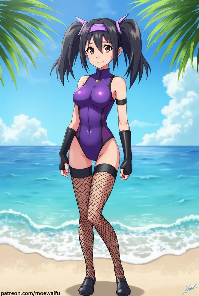 masterpiece, highest quality, High resolution, Full body image of a girl,saw 2, blue eyes, black hair, Low twintails and short cut, medium breasts, frown,blush, 1 girl, black tight suit,place both hands on hips, looking at the viewer。