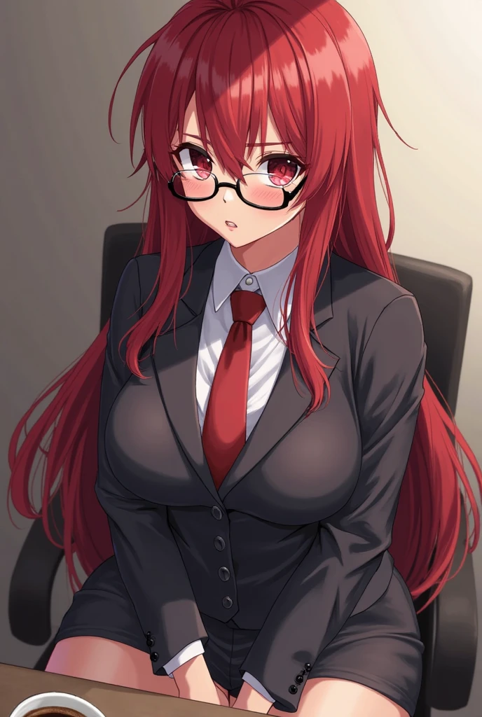 pov(from above),((High Resolutions)), (Masterpiece), high quality, Best quality, gorgeous, perfect lighting, Detailed face, Ultra cute face, Cute, Cowboy shot, Itsuki Nakano,((1girl) ), ((only)), medium fluffy hair, red hair, hair ornament, star decoration, blue eyes, (blush), embarrassed, seductive, nervous, modern office, sitting in front of viewer, sitting at desk, legs crossed, large breasts, medium waist, (wide hips), thick thighs, glasses on face, formal white shirt, long sleeve shirt, cleavage, black pants, tight pants, looking at viewer, cute pose, arms behind the back , Standing,