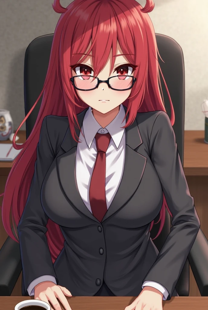 point of view (from above), ((high resolutions)), (masterpiece), high quality, best quality, gorgeous, perfect lighting, detailed face, ultra cute face, cute, cowboy photo, Itsuki Nakano, ((1 girl)), ((alone)),((only)), medium fluffy hair, red hair, hair ornament, star decoration, blue eyes, black glasses,(blush), embarrassed, seductive, nervous, modern office, sitting in front of the viewer, sitting on desk, legs crossed, big breasts, medium waist, (wide hips), medium thighs, glasses on face, white formal shirt, long sleeve shirt, cleavage, black pants, tight pants, looking at viewer, cute pose , arms behind the back, standing, good anatomy, good hands