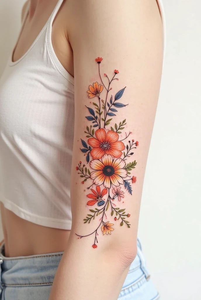 A tattoo with flowers , some birds , and floral mounted on the arm for tattoo now
