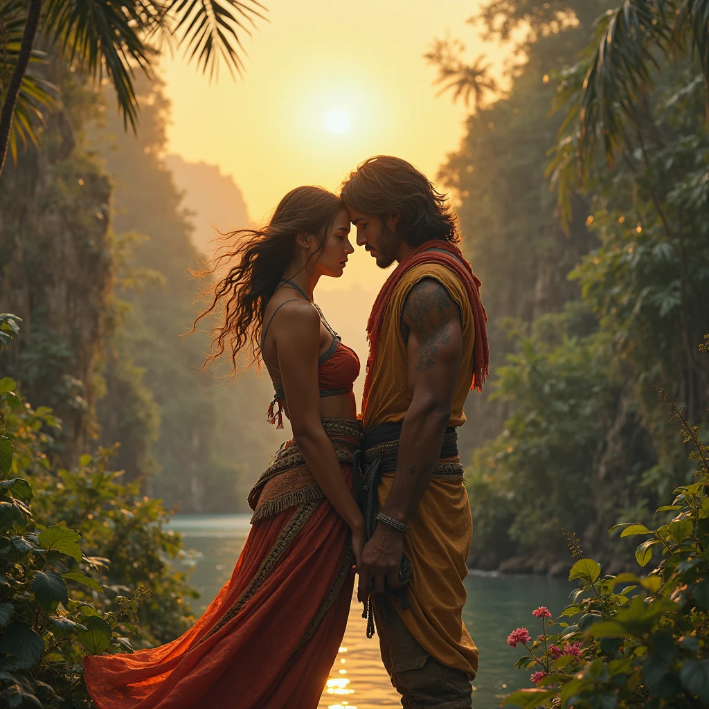 1 girl, 1 boy, passionate romantic kiss, colorful sequin sarees, topless, realistic, lush tropical gorge landscape, (best quality,8k,highres,masterpiece:1.2),ultra-detailed,realistic,photorealistic,photo-realistic:1.37,intricate details, cinematic lighting, vivid colors, detailed fabric textures, erotic, nsfw, boobs and cleavage