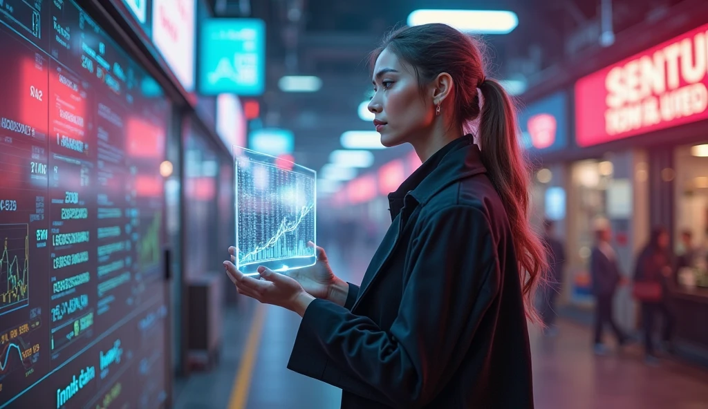 A futuristic cityscapes with colorful all-glass giant towering skyscrapers. High-resolution OLED GUI interfaces in the building, The windows are filled with transparent data visualization infographics that show it all, from weather patterns to traffic flow, Matrix cascading code. Colors are saturated and vibrant. At night, (1 female modern conjurer, solo), photo realistic, medium-breast:1.3 slim body, cleavage, sling top, miniskirt, (matrix style black sunglasses, magic power, mysterial sign, lightning), half-body thigh level medium shot, cinematic lighting, ray tracing.