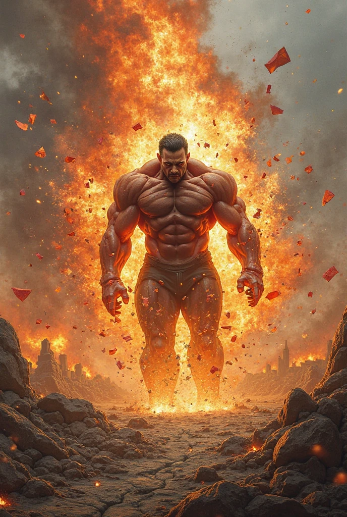 Man posing back pose bodybuilding fire background unreal phisique , books and injections steroids crynges 