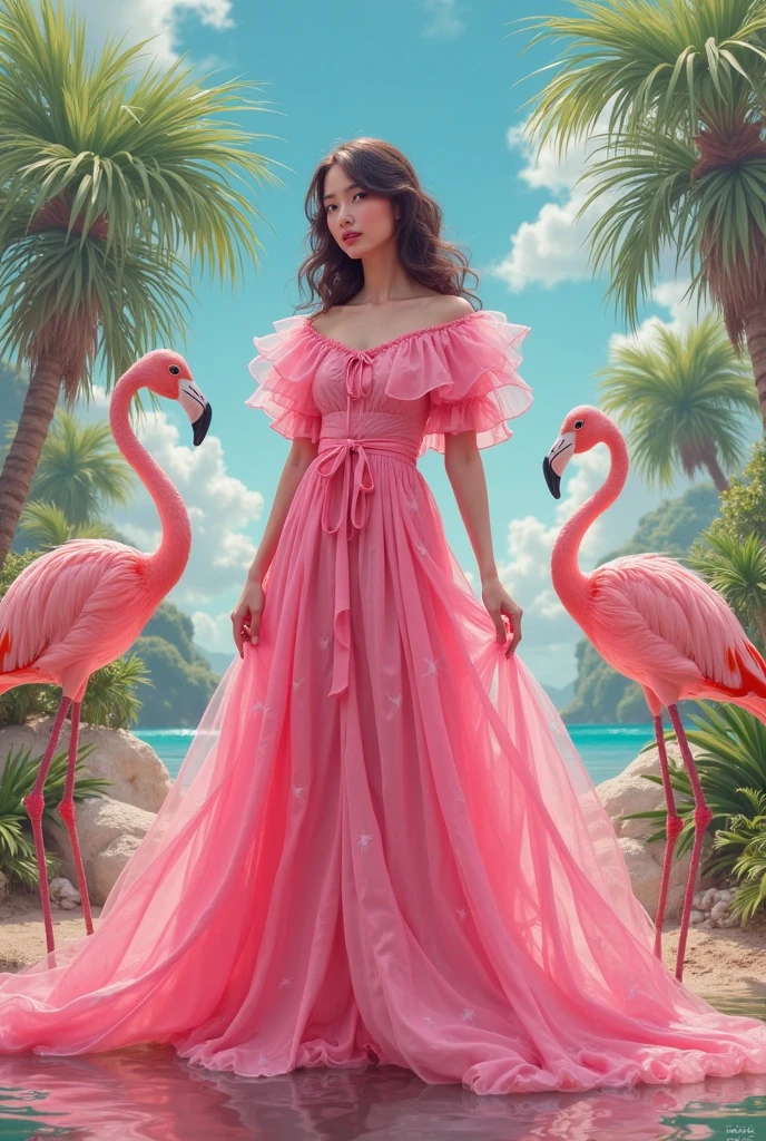 Along skirt with red lace, wearing a red flower in her hair. Big breasts, glamorous body, model figure, barefoot, taking pictures with flamingos around.