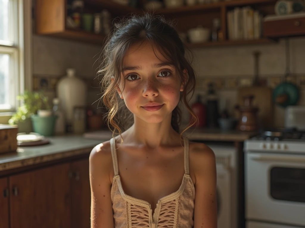 12 year old girl with medium length brown hair, children's pigtails hair, Caucasian facial structure, a beautiful smile on her face and a deep look, she in a unbuttoned shirt, bare shoulders, she in a dark bedroom, full body view
