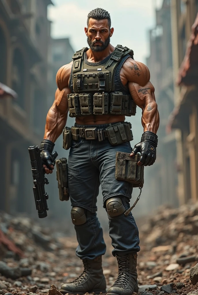 Mario bros very angry, Torse no, tattooed, France flag, dressed as soldier with hk g36 on battlefield