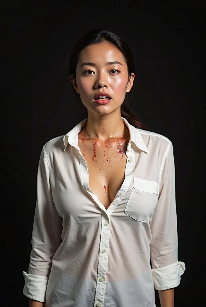35 years old, filipina, at crime scene, whole body, wearing white shirt with minimal blood stain, black pants, white shoes, realistic, not blur background, 
