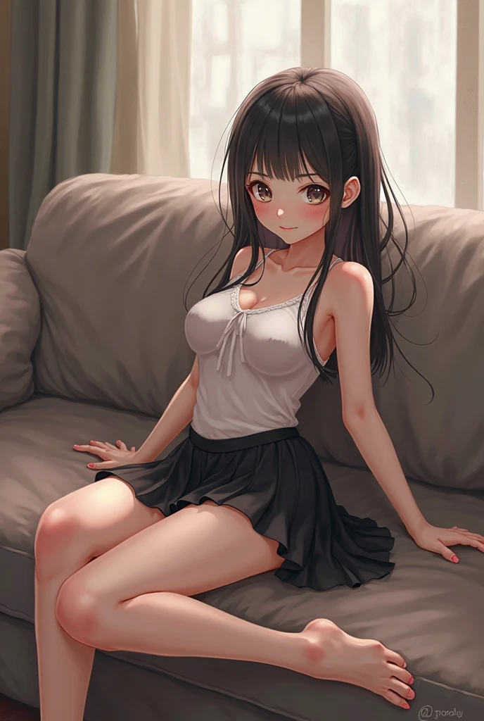 detailed illustration, dynamic angle, ultra-detailed, illustration, 1girl, red tank top, nobra, no-bra, crop top, long black hair, straight hair, medium breasts, short black skirt, sitting on couch, spread legs, smiling, shy, innocent, black eyes, 
