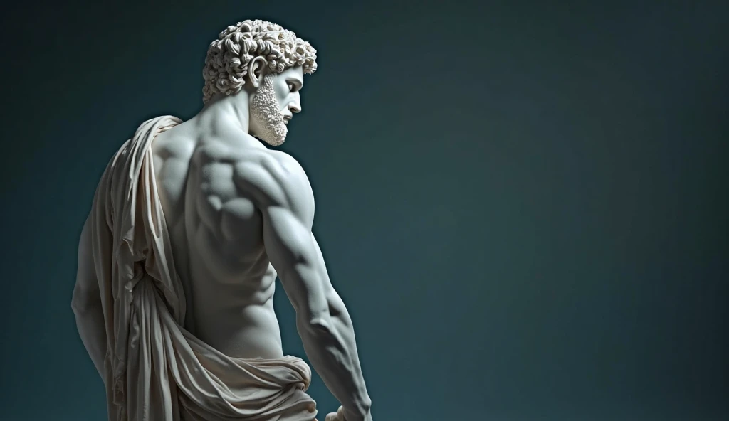 an ancient Greek statue, strong and muscular, image in black and white.