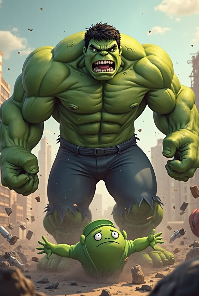 Hulk stands proudly as the child looks up at him with admiration and relief.