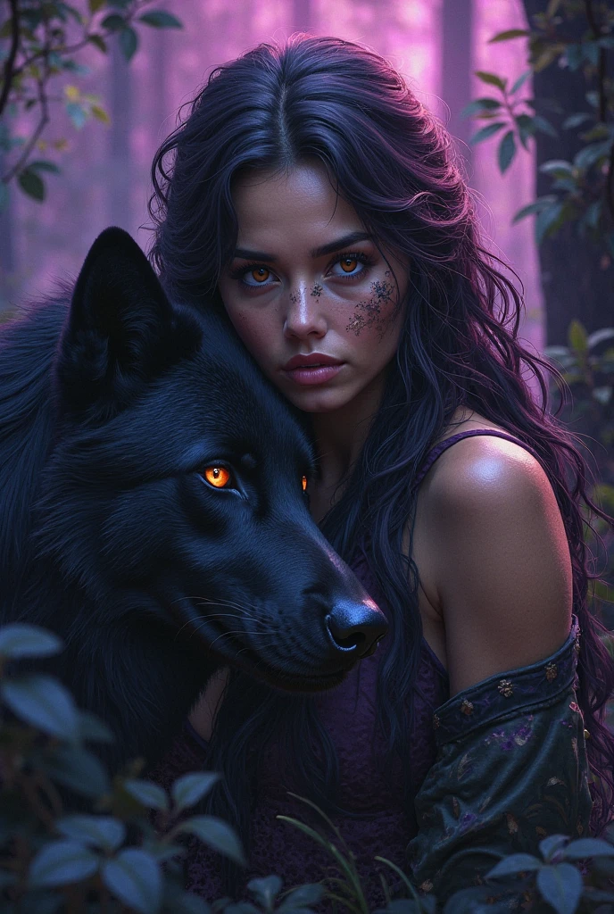 ((purple mist)), an ancient Greek huntress who commands a pack of wolves and ravens, with disheveled wild hair, burning wild eyes and a painted face. She is gently hugged by a werewolf male wolf, his eyes are burning with red fire, the ears of the wolf are moving on top of his head, the fur stands on end. Forest on the background of moonlight. Deep, rich colors and intricate details. Karn Griffiths and Charles Wess