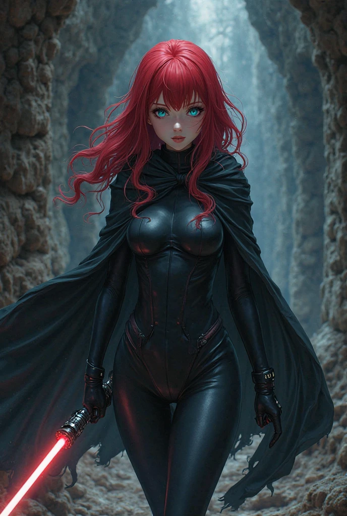 A WOMAN IN BLACK ARMOR, long redhead hair, RED HAIR, LOW-CUT BODYSUIT, breasts big, MEDIEVAL LOW-CUT ARMOR, WHITE THREAD PANTIES, STRIP BODYSUIT, WHITE THREADS SWIMSUIT, strappy swimsuit, extravagant neckline, SEMI-NAKED ARMOR, in a forest, HOLDING A LARGE PURPLE CAPE.