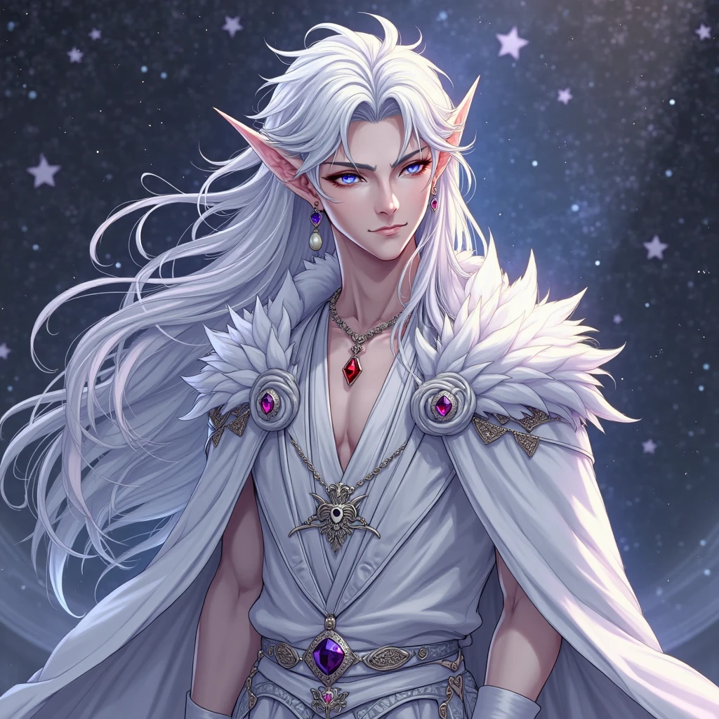 An elvish man with silver hair and skin like the galaxy
