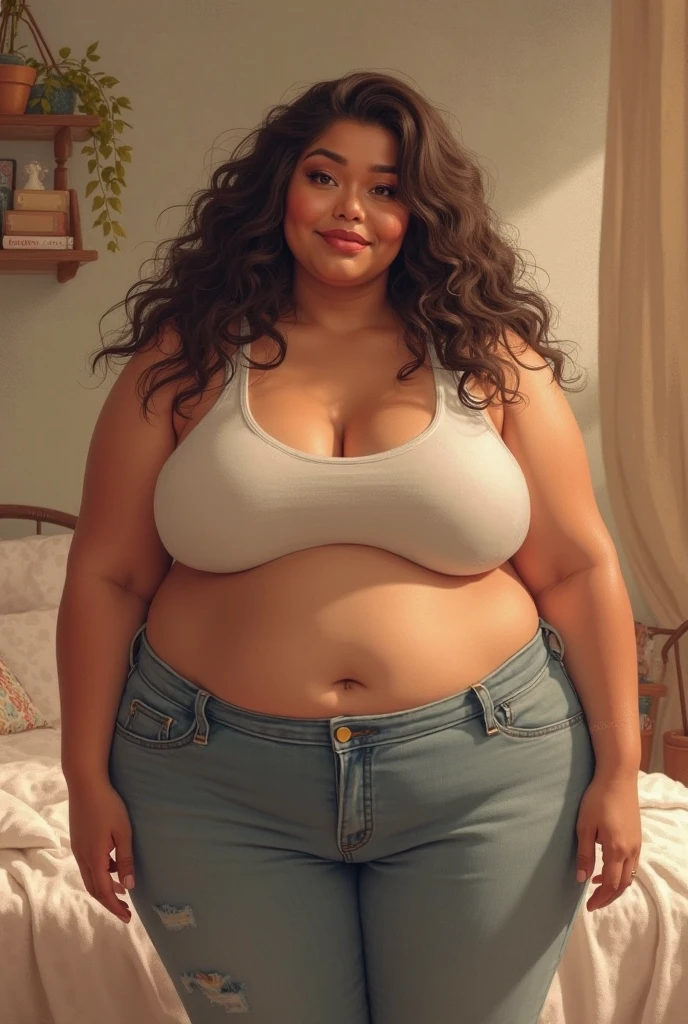 A really fat adorable cute obese young 17 year old fat girl which is 5 feet and 1 inch tall, with very kind feminine beautiful face, long curly beautiful hair, blue eyes, one whole huge bloated soft obese belly, very wide hips and obese wide thighs, huge fat booty, fat arms, huge , big breasts, smiling in a small tight jean skirt and a gray crop top. Walking in a fancy mall while holding some bags