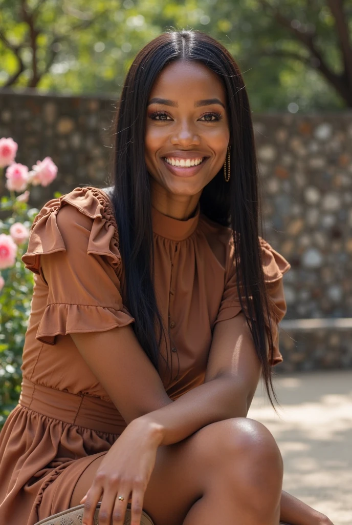  A photo of a straight haired African American woman with neutral skin tone sitting on a comfortable sofa in a lush garden. She is looking directly at the camera, allowing your face to be seen clearly from the front. The woman has a calm and confident expression. It is surrounded by vibrant greenery and colorful flowers.. Soft natural light filters through the trees, highlighting your face and creating a serene and inviting atmosphere.